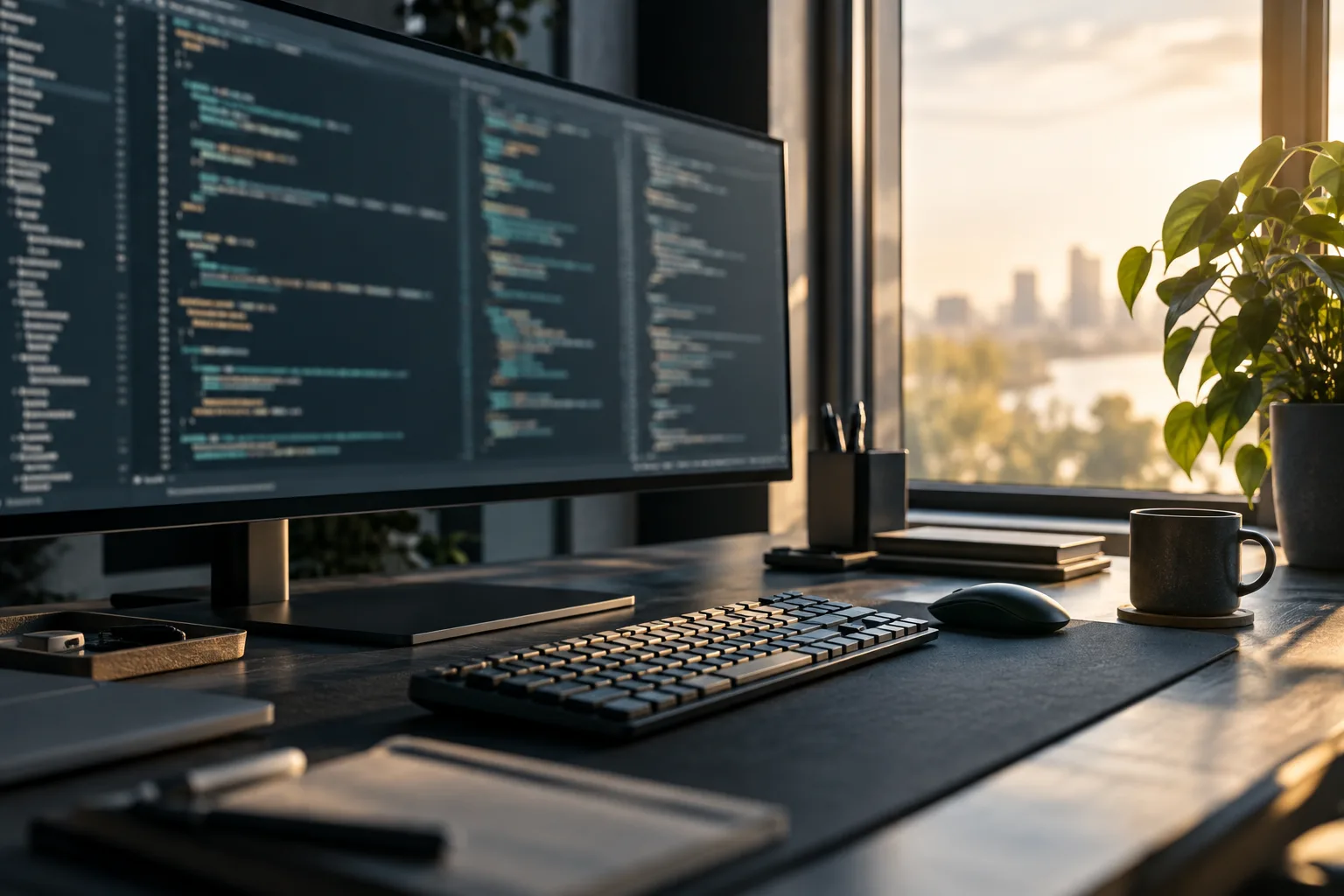 Illustrative developer workspace with a code editor and keyboard